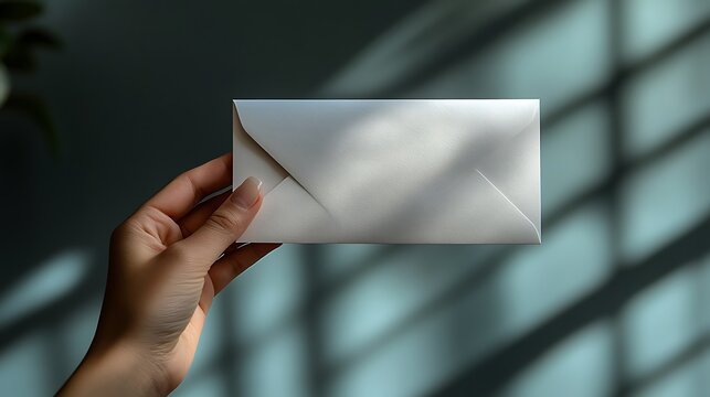 A hand holding an a white envelope , simple, and minimal background