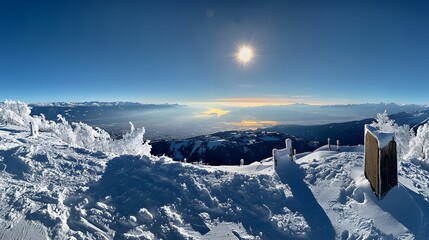 A panoramic photograph from the top, overlooking snow-covered mountains
