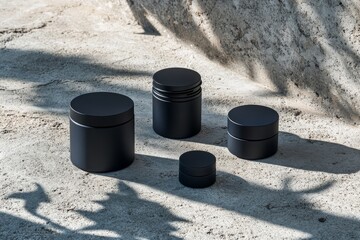 Minimalist skincare bottles and jars are thoughtfully arranged on a natural stone surface, illuminated by leafy shadows adding warmth and texture to the composition