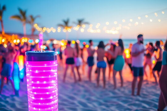Vibrant Beach Party at Sunset with Colorful Lights