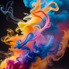 Color Paint, Water, and Smoke Splash Creating Abstract Patterns on Dark Background