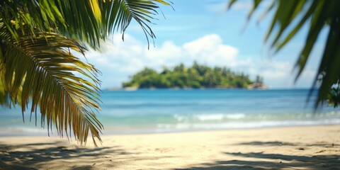 Fototapeta premium A serene tropical beach scene showcasing clear blue waters, fine golden sand, and lush palm leaves framing a tranquil island in the background, embodying the essence of summer paradise.