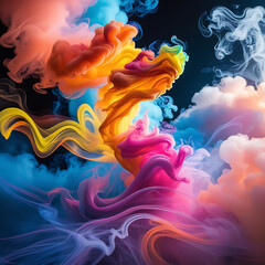 Color Paint, Water, and Smoke Splash Creating Abstract Patterns on Dark Background