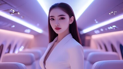 Obraz premium Luxurious Air Hostess Serving Guests Onboard Exclusive Private Jet Interior