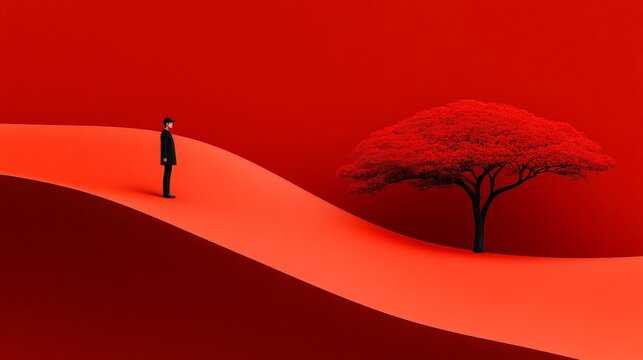 Crimson Contemplation: A lone figure stands on a crimson, undulating landscape, contemplating a vibrant red tree in the distance.