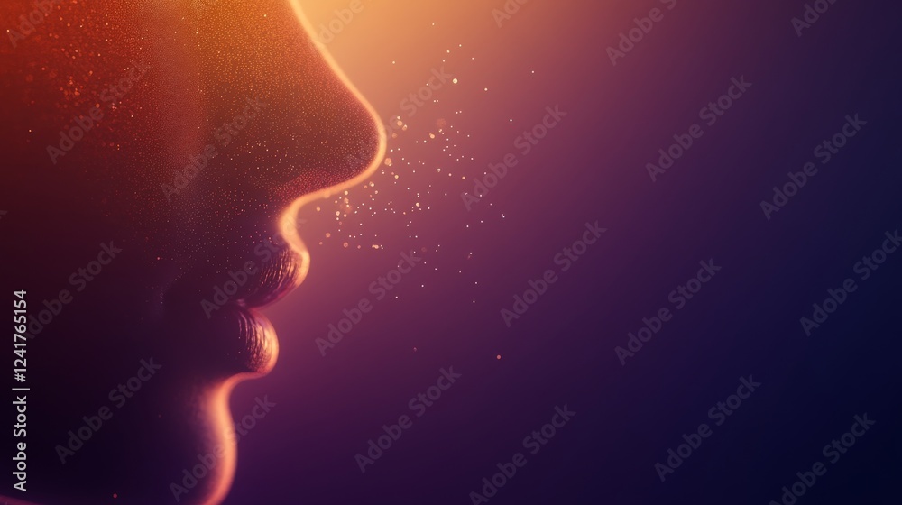 Aufkleber Close-up view of a digital human face features flowing light patterns and particles dispersing, set in a gradient background offering room for text placement