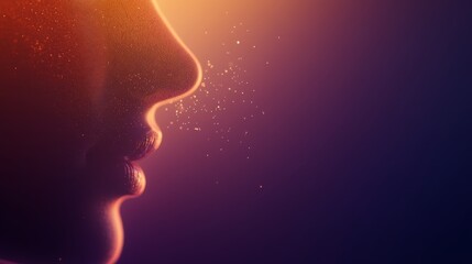 Close-up view of a digital human face features flowing light patterns and particles dispersing, set in a gradient background offering room for text placement