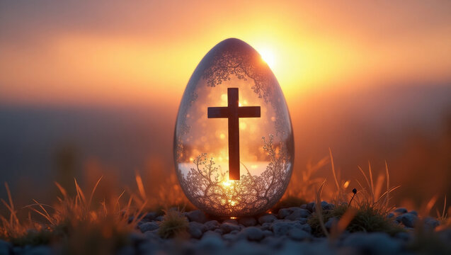 Sunset glow illuminating a glass egg with a cross symbolizing faith and tranquility in nature's embrace