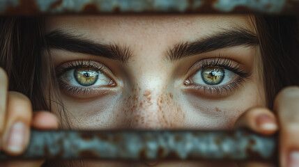 A young woman peers through rusted bars, her captivating eyes expressing deep emotion and longing for freedom. The contrast of her youthful face with the harsh environment highlights her struggle