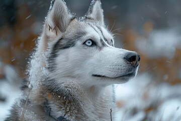 Obraz premium Husky dog with blue eyes in snow storm looking up, animal background