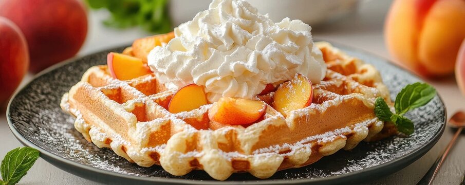 International waffle day with celebration and recipe idea. Delicious waffle topped with peaches and whipped cream.