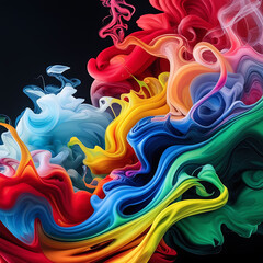 Color Paint, Water, and Smoke Splash Creating Abstract Patterns on Dark Background