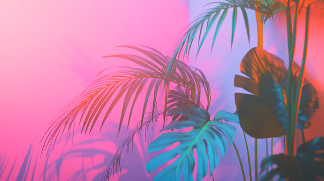 Vibrant tropical palm leaves with neon gradient lighting on a pink background, symbolizing nature, freshness, and modern tropical vibes - Powered by Adobe