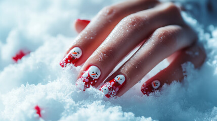 Winter-themed nail art design on hand in artificial snow - festive holiday inspiration