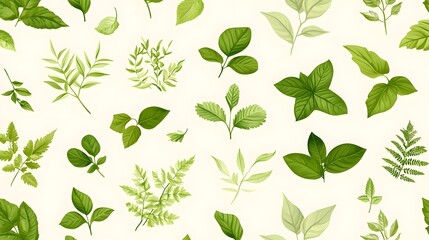Fototapeta premium A seamless pattern of various green tropical leaves, in a flat illustration style 