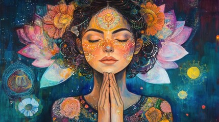 spiritual artwork of a woman with her eyes closed and hands in a prayer position, surrounded by celestial elements