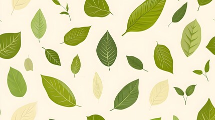 A seamless pattern of various green tropical leaves, in a flat illustration style
