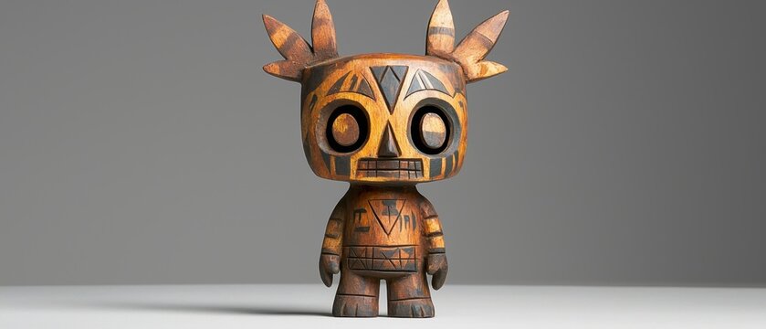 A wooden figurine of a child with antlers and a tribal design on its face.