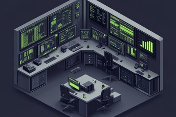Sophisticated Data Center Monitoring Room - An Isometric Visualization of a Futuristic Technology Hub