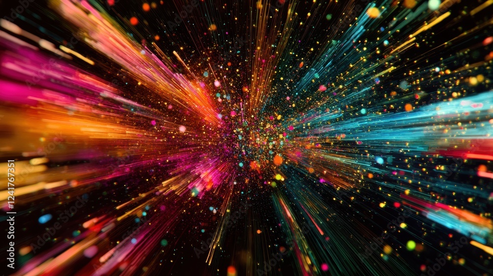 Poster colorful particles exploding from the center against a black background create a dynamic motion blur