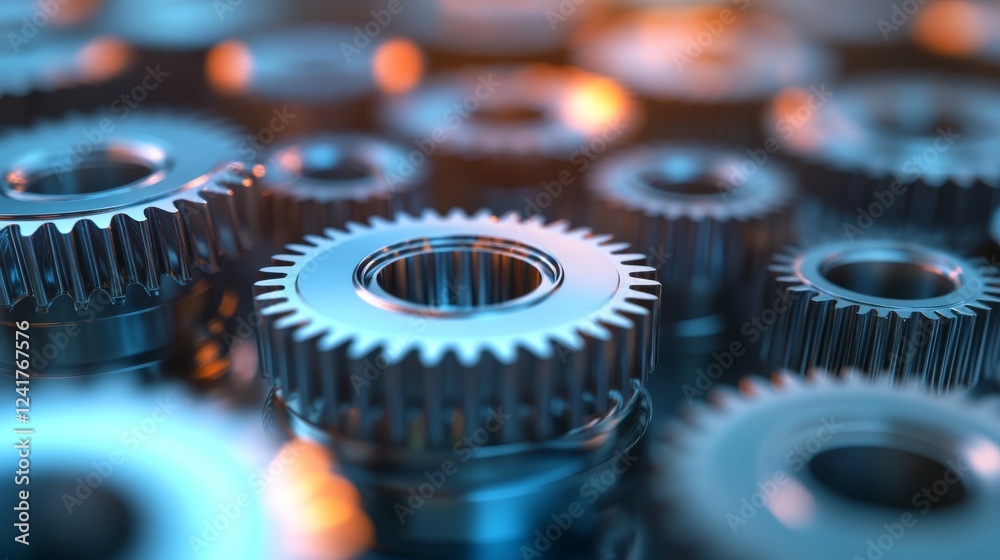 Poster A high-angle macro view captures delicate gears and cogs interlocked in motion, showcasing metallic textures illuminated by soft, focused lighting