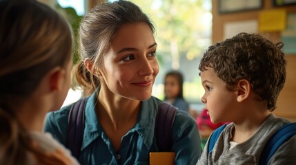 Teacher speaking with students, educational setting