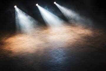 Sharp beams of white light shine down on a dark stage, creating a dramatic atmosphere with shadows stretching across the empty floor, ideal for performances