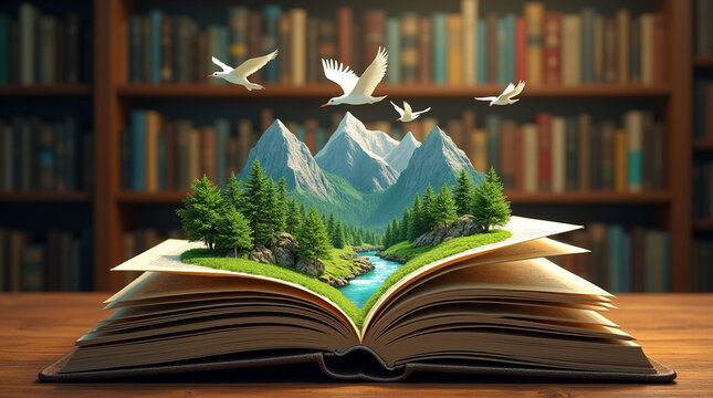 A magical image of an open book with a 3D landscape showing a lush forest with mountains, a river and birds flying out of the book. Concept of reading with imagination