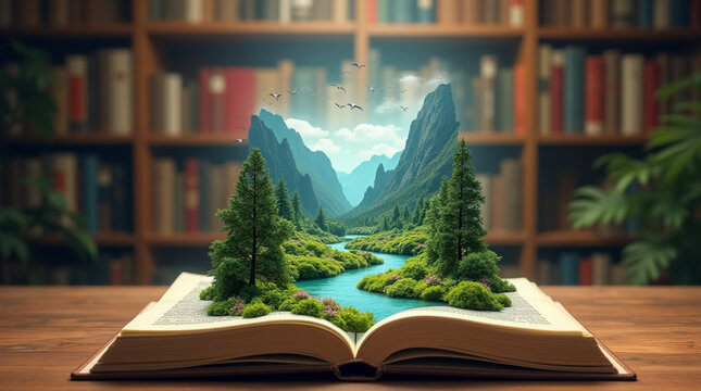 A magical image of an open book with a 3D landscape showing a lush forest with mountains, a river and birds flying out of the book. Concept of reading with imagination