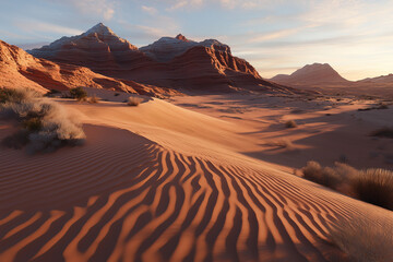 Naklejka premium A vast desert landscape with towering red rock formations glowing under the warm light of the setting sun. The sand dunes cast long shadows, and sparse vegetation.