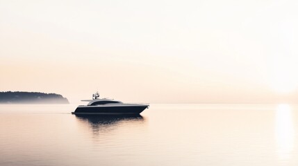 Obraz premium Luxury yacht at sunset, calm sea, island background; travel brochure