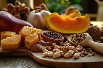 Fresh produce on a natural wood cutting board, perfect for healthy snacks or cooking demos