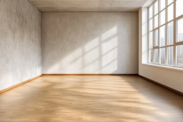Obraz premium Modern minimalistic interior featuring a spacious empty room with a textured concrete wall and natural light, ideal for architectural and design concepts