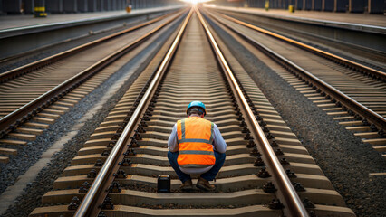 Naklejka premium Railway engineer inspects train track position in urban environment at sunset