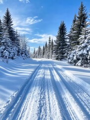 Fototapeta premium Snowy Forest Path Winter Wonderland - Serene winter scene of a snow covered path winding through a snowy evergreen forest under a bright blue sky.