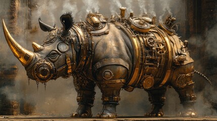 Fototapeta premium Steampunk Rhino Industrial Ruin Smoke Fantasy Artwork