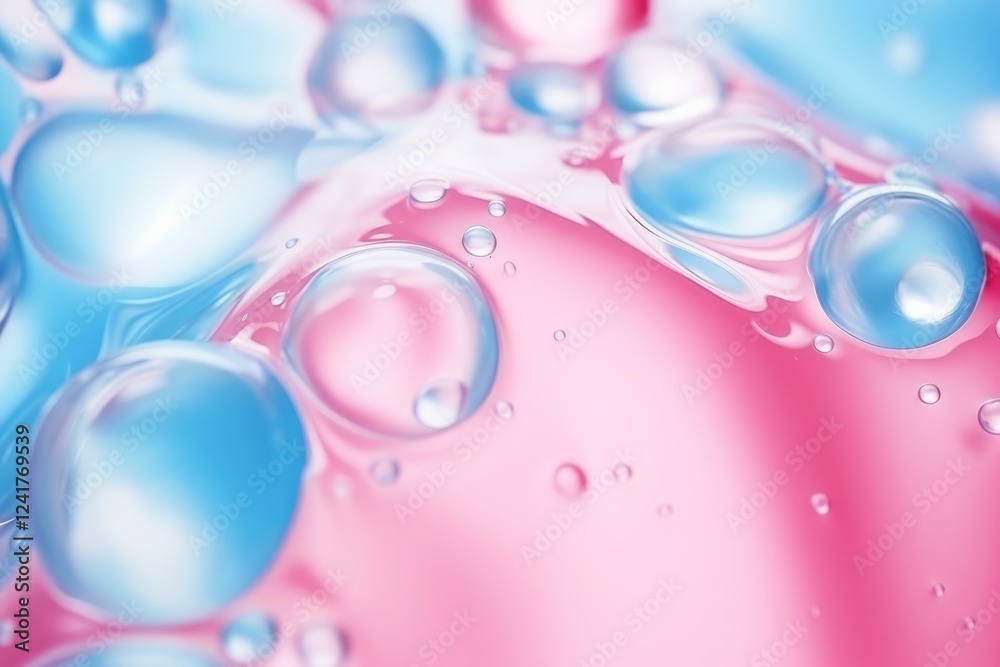 Poster pink and blue bubbles floating on a viscous liquid surface, creating an abstract and colorful compos