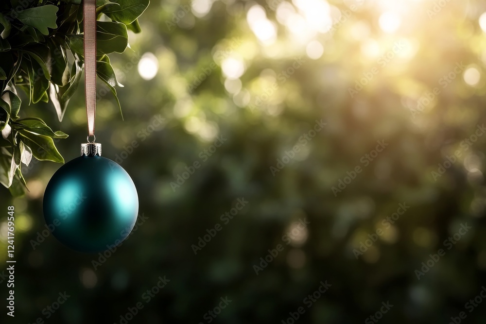 Poster a close-up view captures a turquoise bauble hanging from a ribbon, softly illuminated by light while