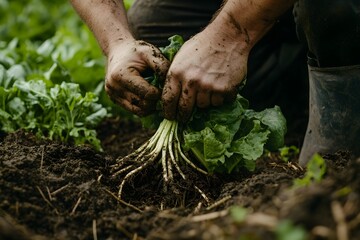 Harvesting Fresh Organic Green Lettuce from Soil A Farmer Carefully Pulling Up Healthy Vibrant Green Leafy Vegetables Rich Earth Agricultural Scene Farm Fresh Produce Natural Farming Methods          