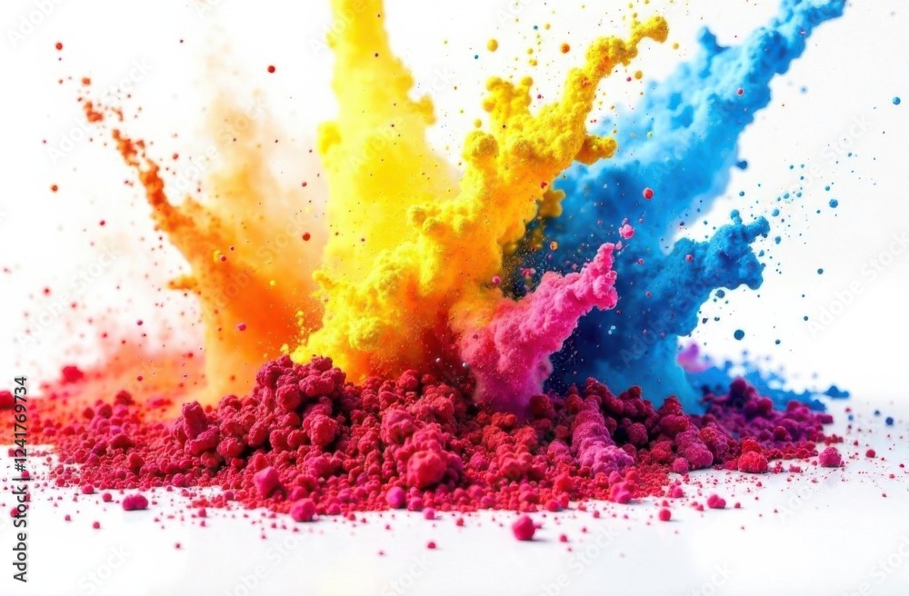 Wall mural Brightly colored powders in motion as they're thrown onto a plain white canvas