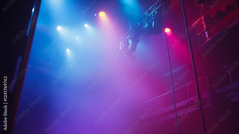 Poster colorful spotlights illuminate a theater stage through a misty haze, creating a lively atmosphere fi