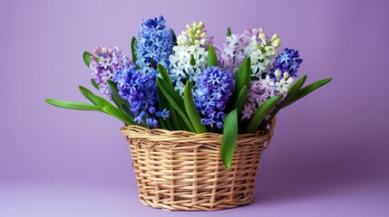 Fototapeta premium A wicker basket with lush hyacinths. Bright flowers are a gift for March 8th. A postcard for the women's holiday.