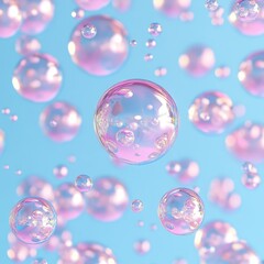 Soap bubbles on a blue background. 3d render. Pink bubbles.