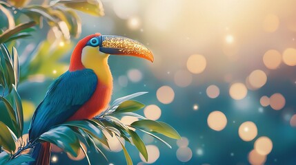 Fototapeta premium A colorful bird perched on a leafy branch in front of a blurry background