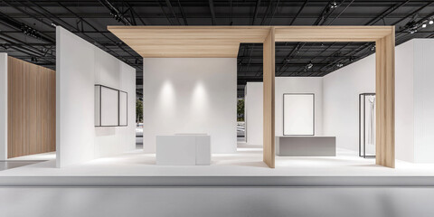 Trade show floor interior with booths, business expo atmosphere.