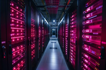 Fototapeta premium Network server room with bright pink lights is housing server racks