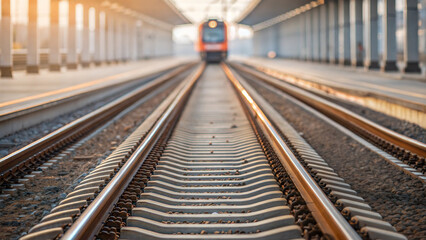 Fototapeta premium Railway engineer checking train tracks position at sunrise industrial transport environment