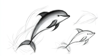 Naklejka premium A monochromatic illustration depicts two dolphins swimming together, with one dolphin in the foreground and the other in the background