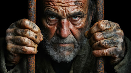An older man grips rusty prison bars with weathered hands, his expression filled with despair