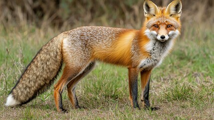 Red fox standing in grassy field, blurred background, wildlife photography
